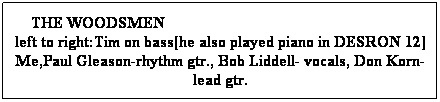 Text Box:     THE WOODSMEN                                                                  left to right:Tim on bass[he also played piano in DESRON 12] Me,Paul Gleason-rhythm gtr., Bob Liddell- vocals, Don Korn- lead gtr.
